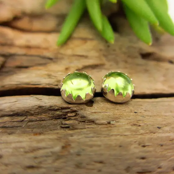 Arizona Peridot Cabochon Studs | 14k Gold Or Sterling Silver American Gemstone Stud Earrings | 4mm Low Profile Serrated Earrings