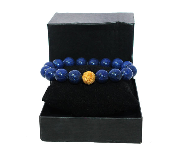 Lapis Lazuli And Gold Vermeil Bali Bead Bracelet, Unisex Bracelet, 10mm Lapis Lazuli Bracelet. Beaded Bracelet, Bead Bracelet Woman, For Her