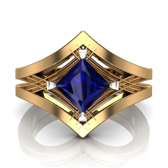 Engagement Ring, Blue Sapphire Princess Cut Unisex Art Deco Design | "ancient Geometry"
