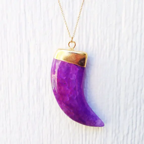 Horn Necklace - Purple Agate Gemstone Jewelry - Gold Chain Jewellery - Long - Fashion - Pendant