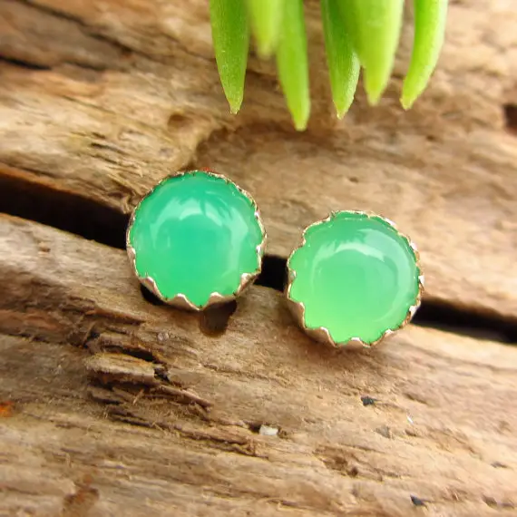 Chrysoprase Stud Earrings | 14k Gold Or Sterling Silver Cabochons | Low Profile Serrated Setting | B Grade