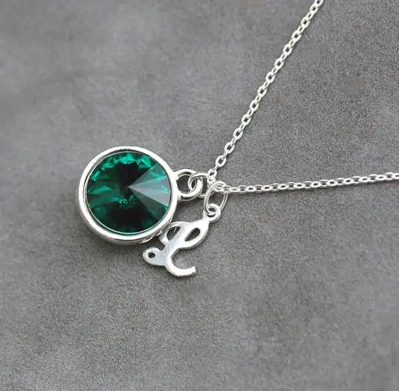 Emerald Birthstone Necklace, Personalized Silver Initial Jewelry, May Birthday Gift, Custom Emerald Necklace