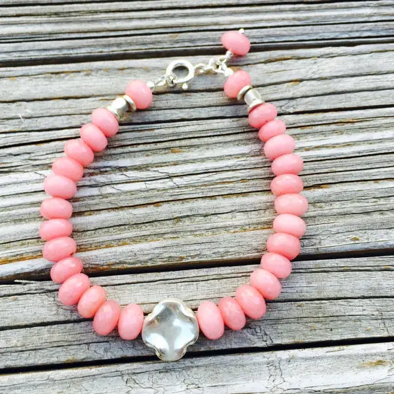 Pink Bracelet - Jade Gemstone Jewelry - Beaded Jewelery - Quatrefoil - Sterling Silver - Fashion