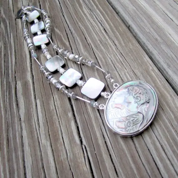 Cameo Bracelet - Gray Jewelry - Multi Strand Jewellery - Mother Of Pearl - Iridescent Labradorite Gemstone - Silhouette - Lady B-58