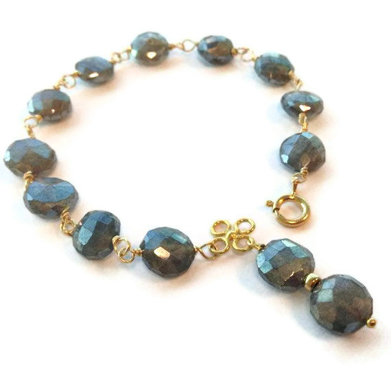Labradorite Bracelet - Gray Bracelet - Gold Jewelry - Grey Natural Gemstone Jewellery - Iridescent - Wire Wrapped - Fashion B-219
