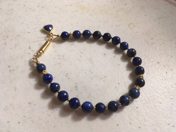 Lapis Bracelet - Navy Blue Jewellery - Lapis Lazuli Gemstone Jewelry - Yellow Gold - Denim - Layer - Charm