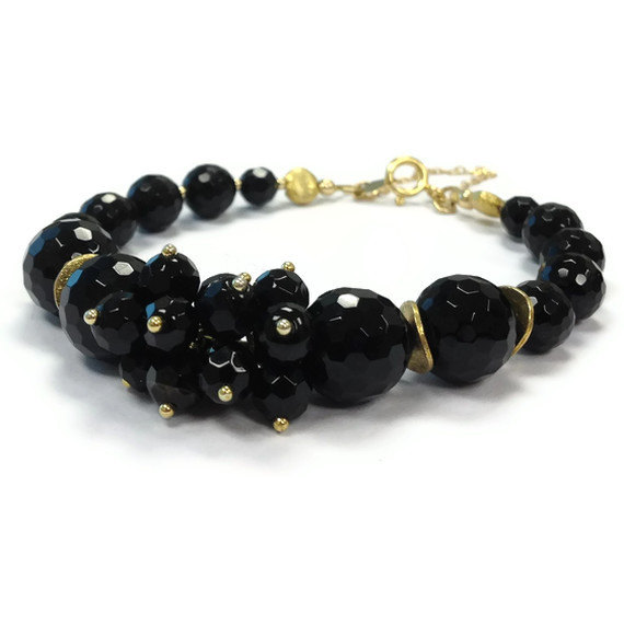 Black Bracelet - Onyx Jewellery - Gold Jewelry - Safety Chain - Gemstone - Elegant - Unique - Fancy - Beaded B-251