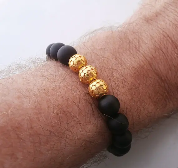 Black Beads Bracelet, Black And Gold Bracelet For Men, Onyx, Lava Stone, And Obsidian Bracelet, Men's Gold Bracelet, Bracelet For Men