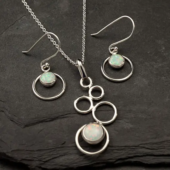 Opal Necklace, Opal Earrings- Opal Jewelry Set- Sterling Silver Jewelry Set- October Birthstone - 2 Piece Set