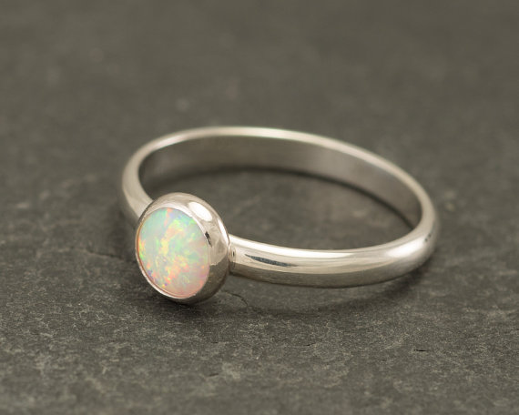Opal Ring - Silver Opal Ring- White Opal Engagement Ring - Solitaire Opal Ring- Sterling Silver Gemstone Ring- October Birthstone