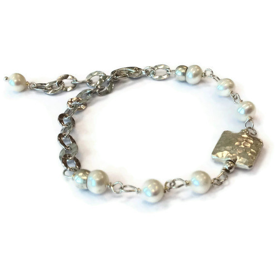 Pearl Bracelet - Gemstone Jewelry - Sterling Silver Jewellery - June Birthstone - Wedding - Bride - Chain - 925 - Fashion - Extend B-201