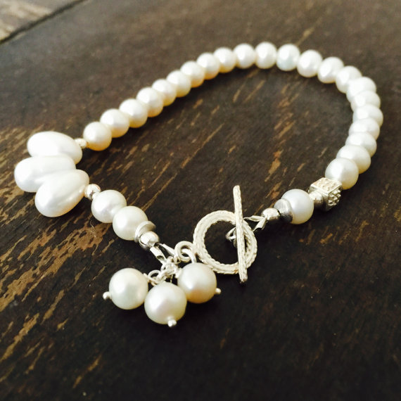 Pearl Bracelet - White Gemstone Jewelry - Beaded Jewelery - Asymmetric - Sterling Silver - Wedding - Bride