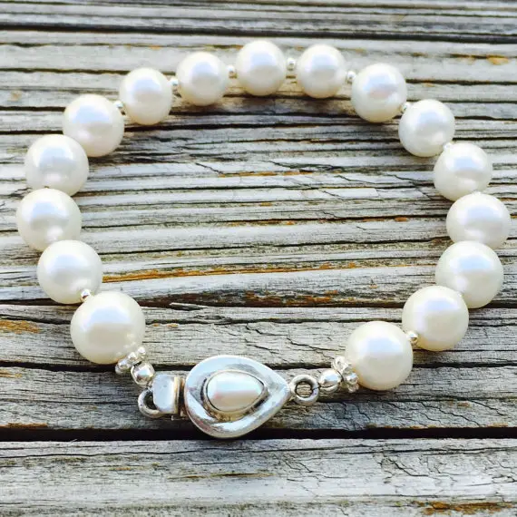 Pearl Bracelet - White Gemstone Jewelry - Box Clasp Jewellery - Beaded - Sterling Silver - Wedding - Bride
