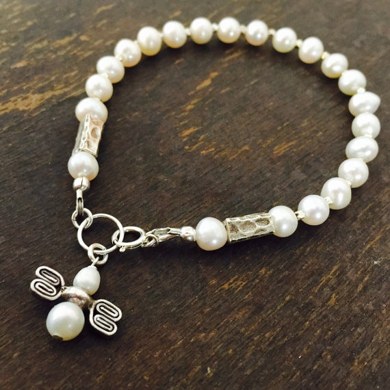 White Bracelet - Pearl Gemstone Jewelry - Beaded Jewelery - Dainty - Sterling Silver - Fashion - Angel - Wedding