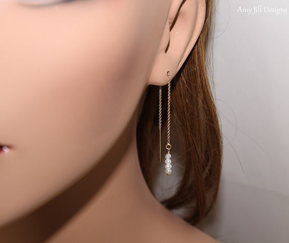 White Freshwater Pearl Earrings, Ear Thread Earrings, Pearl Jewelry, Wedding, Bridesmaid, Modern, Danity, Lightweight