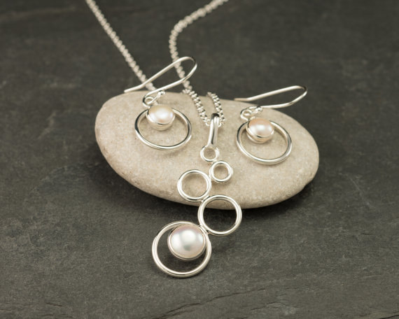 Pearl Necklace, Pearl Earrings- Pearl Jewelry Set- Sterling Silver Pearl Wedding Jewelry Set- 2 Piece Set