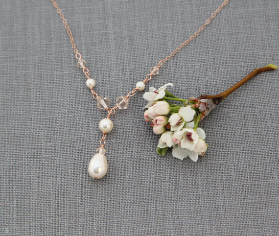 Pearl Necklace, Rose Gold Bridal Necklace, Bridal Jewelry, Rose Gold Crystal Necklace, Y-drop Necklace