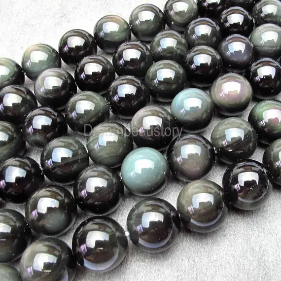 Rainbow Obsidian Beads, Natural Round Black Obsidian Beads With Double Rainbow Eye, 8 10 12 14 16 18mm Diy Black Stone Beads Supplies (b59)