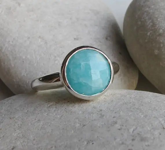 Round Amazonite Boho Ring- Blue Gemstone Stack Ring- Turquoise Bohemian Ring- Gypsy Blue Ring- Sterling Silver Blue Ring- Simple Blue Ring
