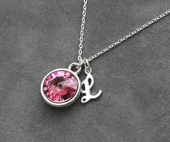 October Birthstone Jewelry, Rose Pink Tourmaline Necklace, Personalized Initial Birthstone Necklace