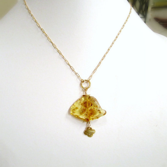 Yellow Necklace - Amber Gemstone - Gold Jewelry - November Birthstone Jewellery - Slice - Slab - Pendant - Drop - Quatrefoil  N-108