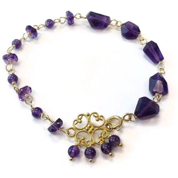 Amethyst Bracelet - Purple Jewelry - February Birthstone Jewellery - Asymmetric - Yellow Gold - Nugget - Gemstone - Filigree Connector 259