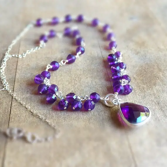 Amethyst Necklace - February Birthstone - Purple Jewelry - Sterling Silver Chain - Gemstone Jewellery - Pendant - Beaded - Handmade - Carmal