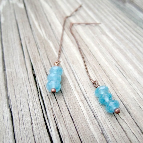 Blue Apatite Earrings - Blue Jewelry - Copper Jewelry - Threader Chain Women's Jewellery - Gemstone Unique Dangle Dainty Er-56