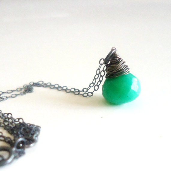 Green Chrysoprase Necklace - Pendant - Sterling Silver Oxidized Jewelry Chain - Teardrop - Minimalist - Dainty - Simple Jewellery