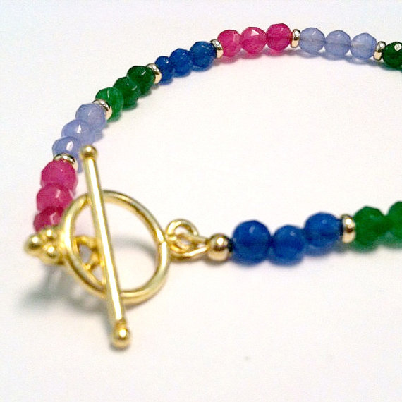 Jade Bracelet - Gemstone Jewelry - Multicolor Rainbow Jewellery - Gold Beaded - Pink - Green - Blue - Lavender