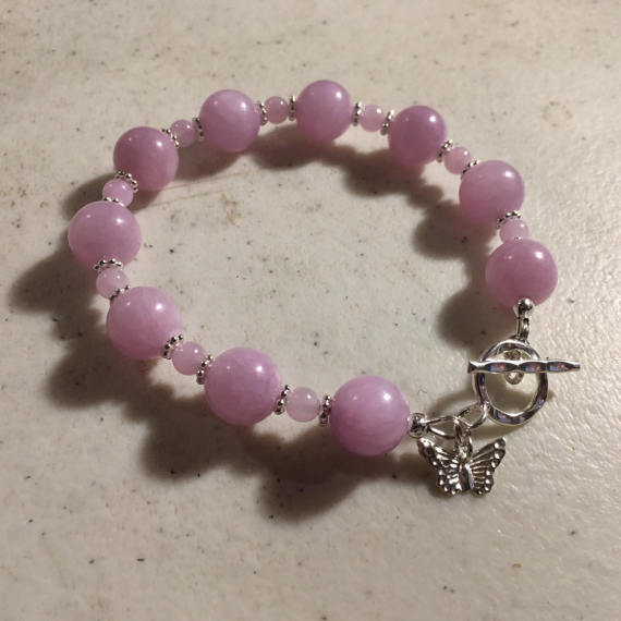 Jade Bracelet - Lilac Gemstone - Sterling Silver Jewelry - Chunky Jewellery - Butterfly Charm - Bold - Statement - Beaded - Pastel