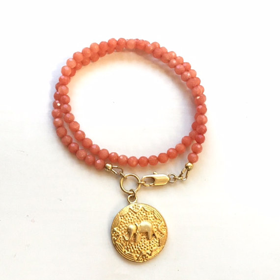 Peach Bracelet - Jade Gemstone Jewellery - Elephant Charm - Wrap - Gold Jewelry