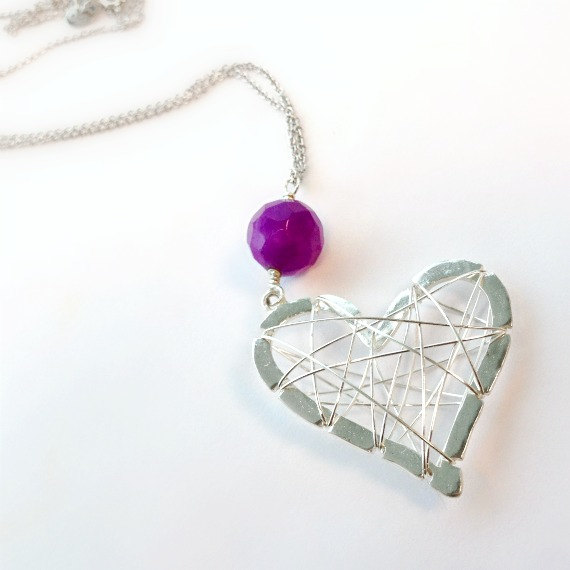 Sterling Silver Heart Necklace - Heart Jewelry - Wire Heart - Purple Jade Gemstone Jewelry - Love - Valentine - Gift  N-208