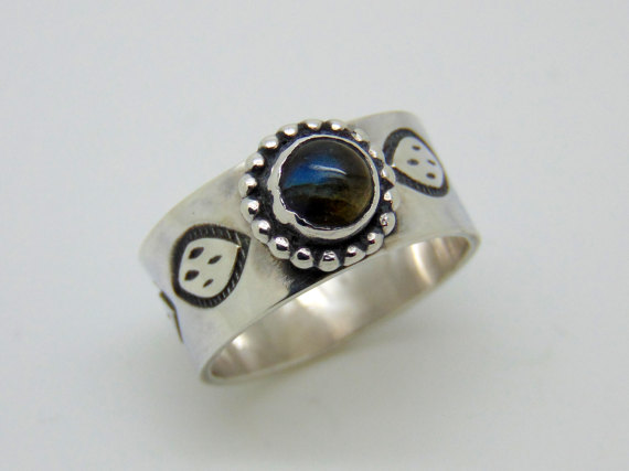 Sterling Silver Labradorite Ring - Blue Stone Jewellery - Hallmarked Silver - Hand Stamped Jewellery - Us Size 8 3/4 - Uk Size R