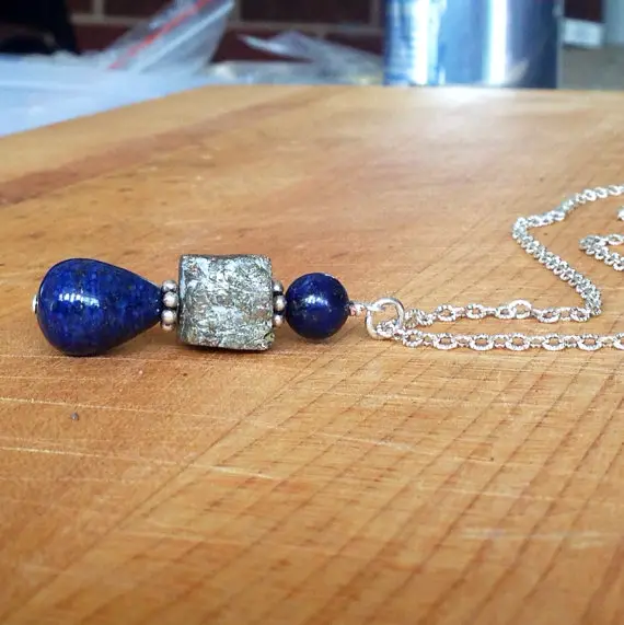 Lapis And Pyrite Necklace - Navy Blue Jewelry - Sterling Silver Long Chain - Natural Gemstone Jewellery - Pendant - Fools Gold