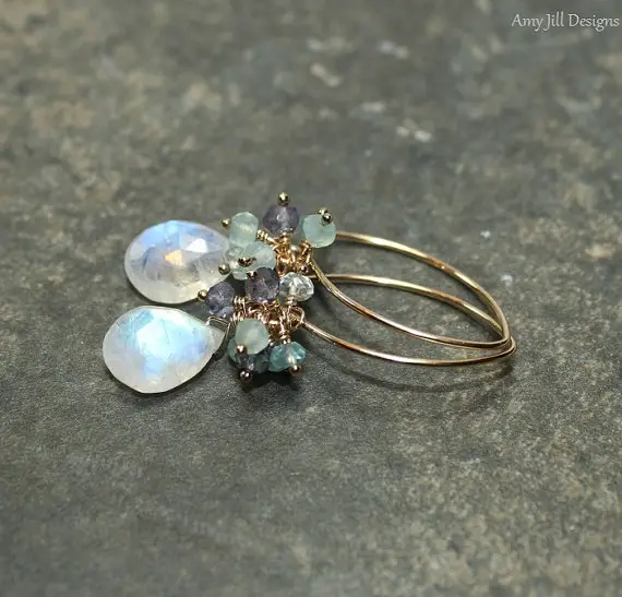 Rainbow Moonstone Earrings, Cluster Earrings, Blue Flash, Moonstone Jewelry, Gold Filled, Gemstone Earrings
