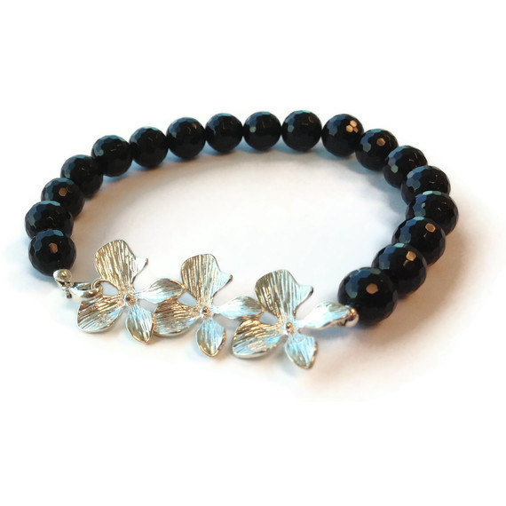 Black Onyx Bracelet - Sterling Silver Jewelry - Flower Jewellery - Orchid - Prom - Graduation - Gemstone  B-tbm