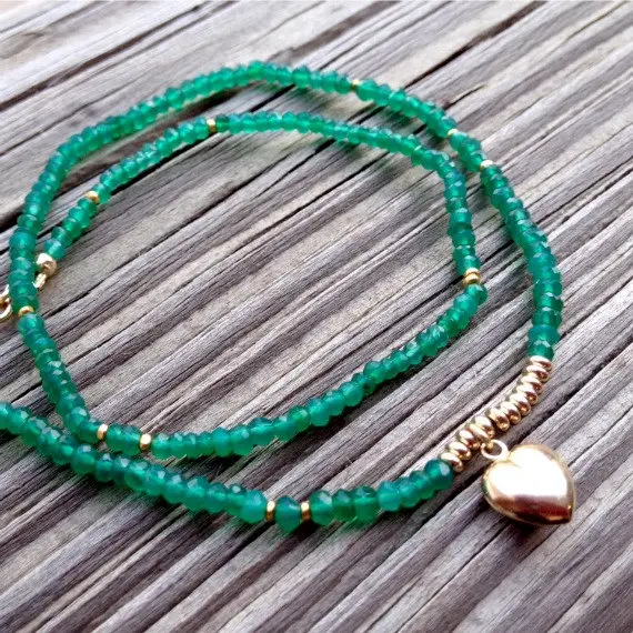 Green Onyx Bracelet - Gold Jewellery - Gemstone - Heart Charm - Wrap Jewelry