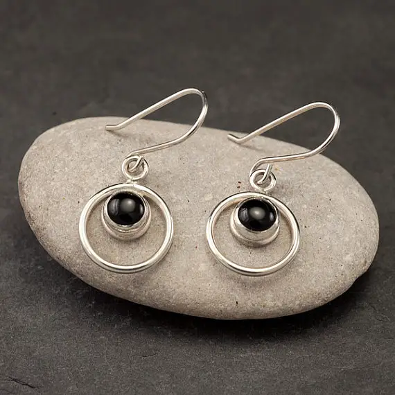 Black Onyx Earrings- Black Stone Earrings- Silver Hoop Earrings- Dangle Earrings- Silver Jewelry "circle Duo Stone"