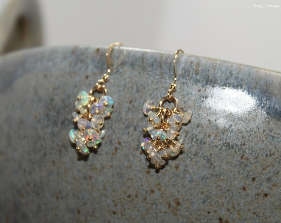Genuine Fire Ethiopian Opal Earrings, Ethiopian Opal Jewelry, Welo Opal, Dangle Cluster Earrings, October Birthstone, Sterling Silver & Gold