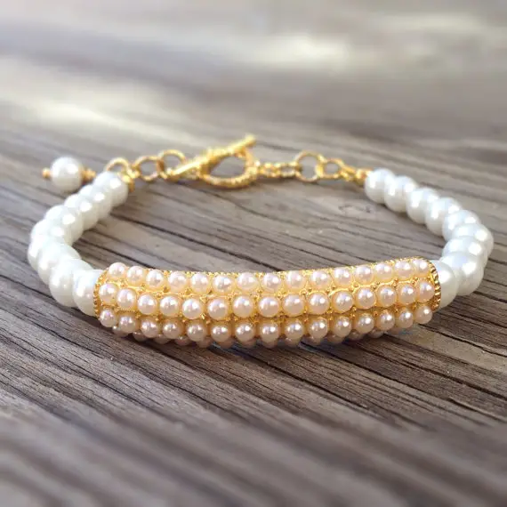 White Bracelet - Wedding Jewellery - Pearl Jewelry - Yellow Gold - Beaded - Bride - Fashion - June Birthstone