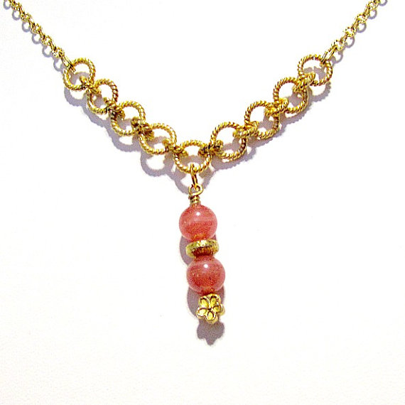 Pink Necklace - Rhodochrosite Gemstone Jewellery - Gold Jewelry - Fancy Chain - Pendant - Drop - Classic - Unique - Flower N-18
