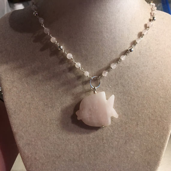 Pink Necklace - Rose Quartz Jewellery - Sterling Silver Jewelry - Gemstone Pendant - Fish - Chain