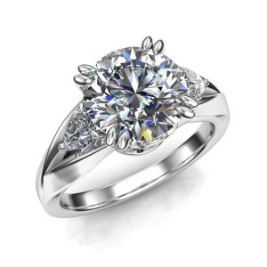 2-Carat White Sapphire Engagement Ring, Split Band, Round with Pear Accents | Natural genuine Array rings, simple unique alternative gemstone engagement rings. #rings #jewelry #bridal #wedding #jewelryaccessories #engagementrings #weddingideas #affiliate #ad