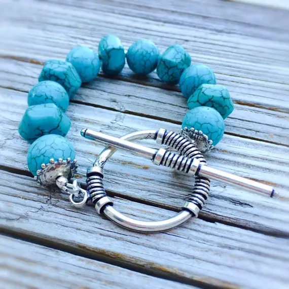 Turquoise Bracelet - Gemstone Jewelry - Sterling Silver Jewellery - Beaded - Chunky - Fashion