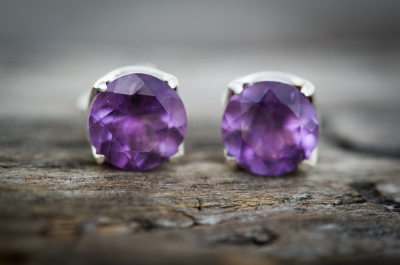 Amethyst Stud Earrings 8mm Round - Birthstone Jewelry - Amethyst & Sterling Silver 8mm Round Stud Earrings - 8mm Stud Earrings - Amethyst