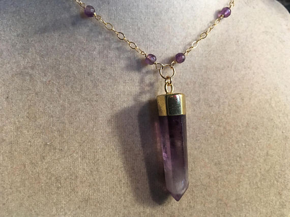 Amethyst Necklace - February Birthstone Jewelry - Purple Gemstone Jewellery - Gold Chain - Spike Pendant