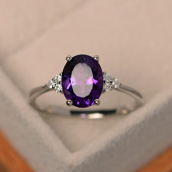 Purple Amethyst Ring, Statement Ring, February Birthstone, Oval Cut, Purpel Crystal Ring