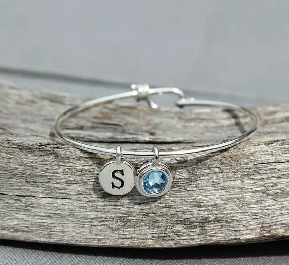 Personalized Grandmother Gift, Initial Birthstone Bracelet For Mom, Bracelet Initials, Bracelet Silver, March Birthstone Jewelry, Aquamarine