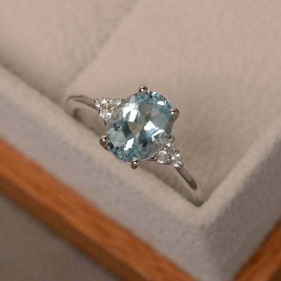 Aquamarine Ring, Oval Blue Stone Ring, Natural Blue Gemstone, March Birthstone,unique Wedding Ring
